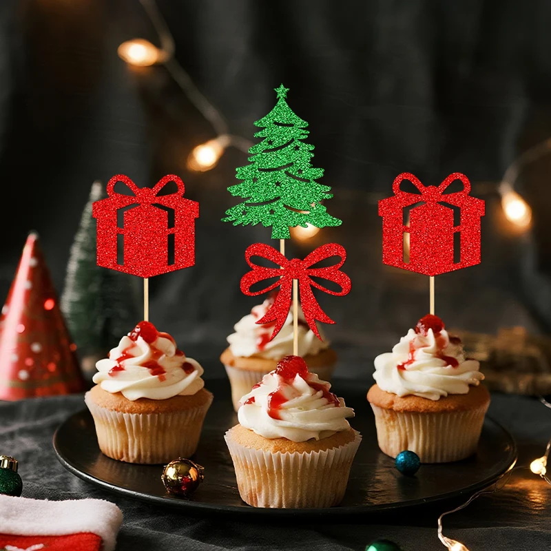 YOMDID 24 Stück Weihnachts- und Geburtstagskuchen-Topper, frohe Weihnachten, glitzernde Cupcake-Picks, Weihnachtsbaum, Schleife, Weihnachtsdekoration – Detail 10