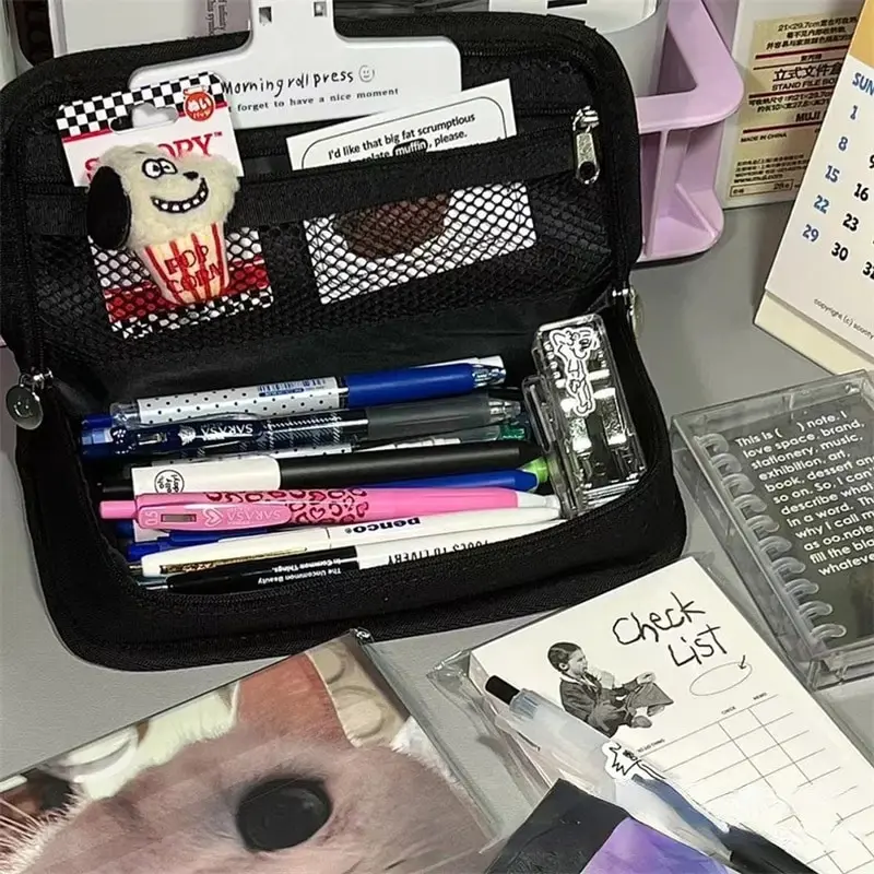 20cm Ins Black and White Checkerboard Grid Large Capacity High Value Storage Pencil Bag Stationery Box