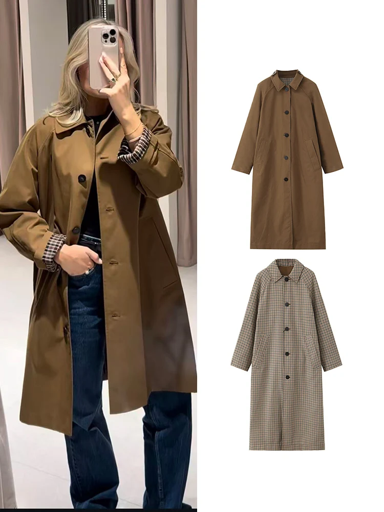 

Women's Double Side Trench Coat Chic Turn-down Collar Single Breasted Female Reversible Windbreaker 2025 Autumn Fashion Jacket