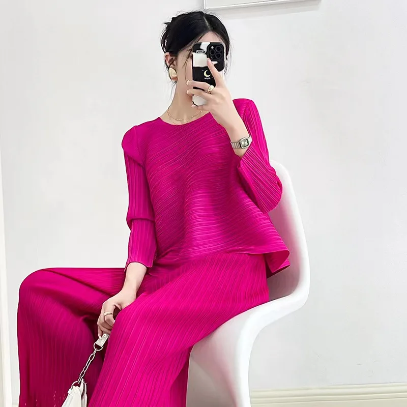 Miyake Neue Plissee Vielseitige frauen Rundhals Temperament Lange-ärmeln Tops frauen T-shirt Bequem Casual mit Elastizität