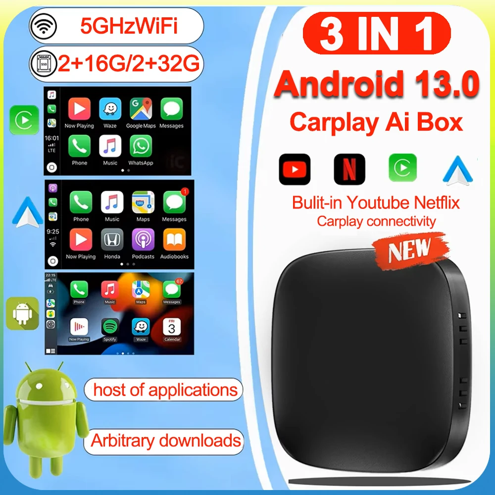 Android 13 CarPlay AI Box adaptor nirkabel CarPlay Android Auto Smart AI Box untuk Netflix YouTube FOTA Upgrade Multimedia mobil