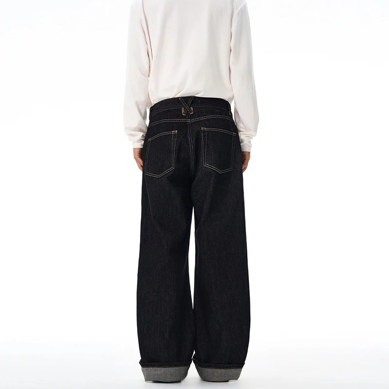 Jeans da uomo con bordo arrotolato a gamba dritta di colore originale moda autunnale 20225, pantaloni lunghi larghi e versatili in stile giapponese