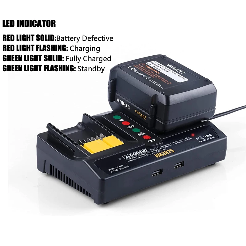 WA3875 Battery Charger Replacement For Worx 18V 20V WA3512 WA3520 WA3575 WA3578 WA3742 WA3732 WA3881 WA3847 WA3868（NO Battery)