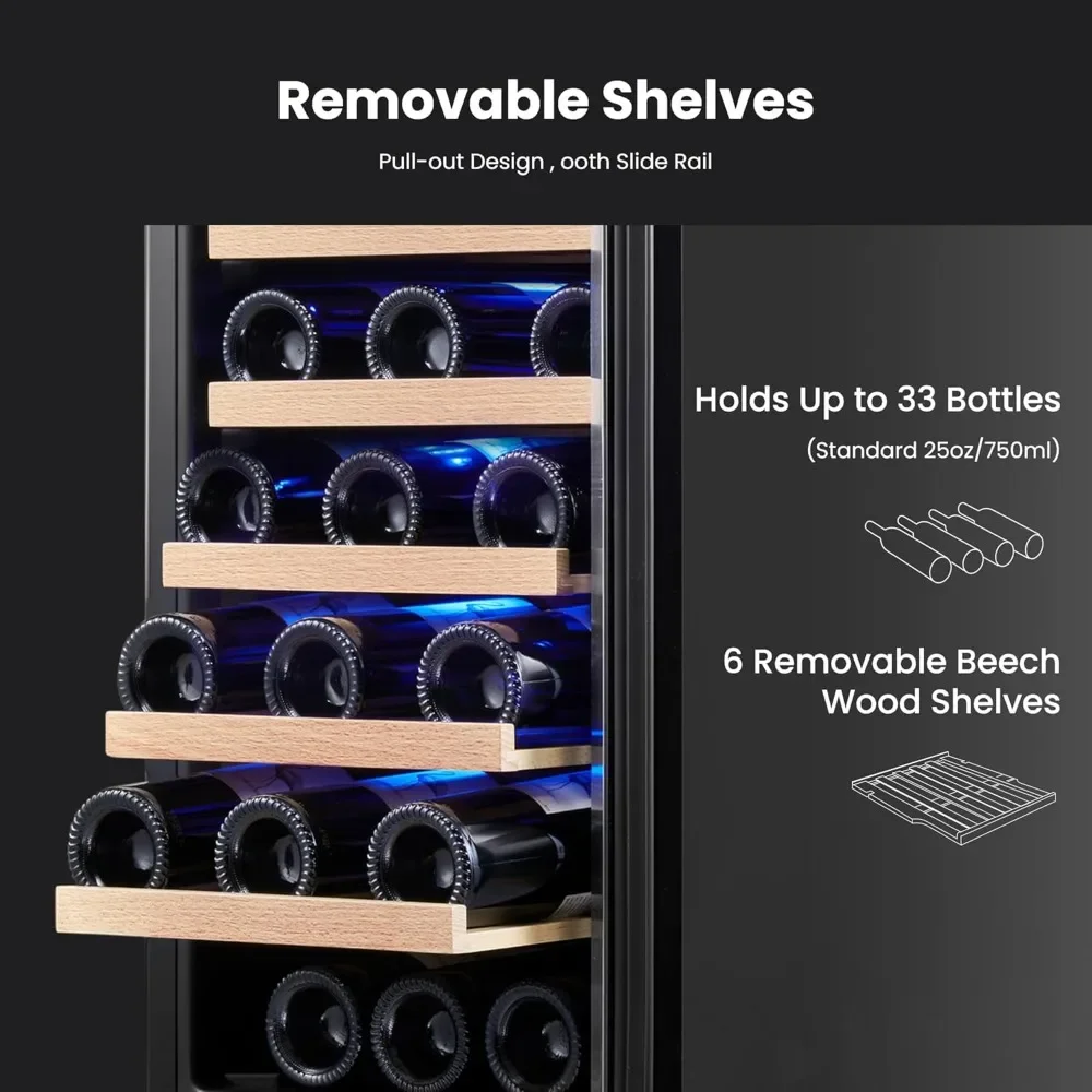

Wine Fridge Cooler - 15 Inch Wine Fridge Hold 33 Bottles, 40-65°F Wine Refrigerator Glass Door, Built in, Freestanding Under Co