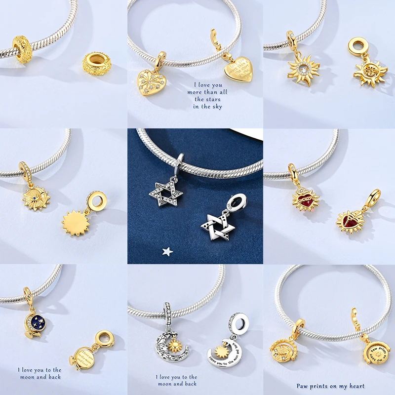925 Sterling Silber Sonne Sternenhimmel Charms Serie Gold Sonne Sterne Mond Anhänger Passend für Armband DIY Schmuck Original Mode für Frauen – Detail 11