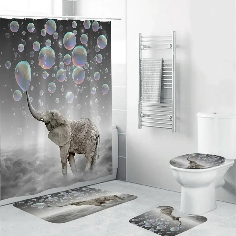4 Pcs Elephant Shower Curtain Set Waterproof Fabric Bath Curtain Animal Bubbles Non-Slip Bath Mat Toilet Lid Cover Decor