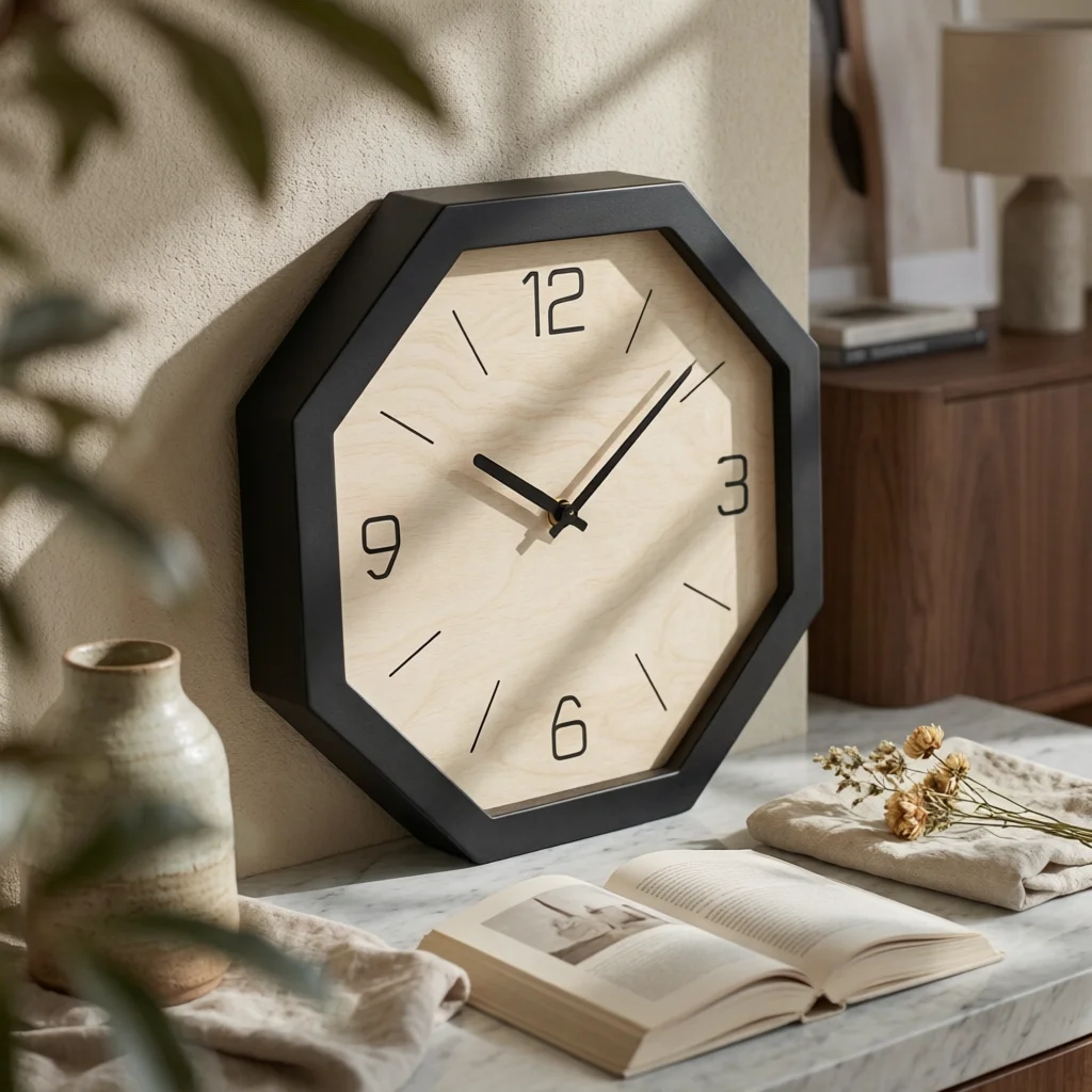 Hexagonal Wall Clock Elegant Clock with Woodgrain Dial Large Slim Profile for Living Room, Home Office