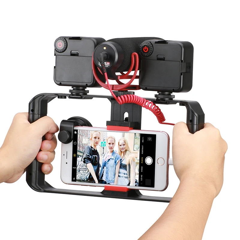 

1pc Handheld Stabilizer Dual Handle Rotatable Phone Microphone Stand Live Streaming Phone Frame Gopro Phone Gimbal Stabilizers