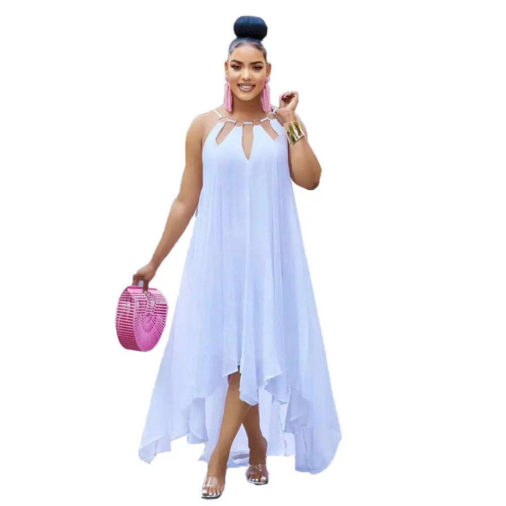 

WSFEC L-3XL Summer Elegant Long Dresses Plus Size Women Clothing Solid Sleeveless Halter Irregular Sexy Long Dress Wholesale