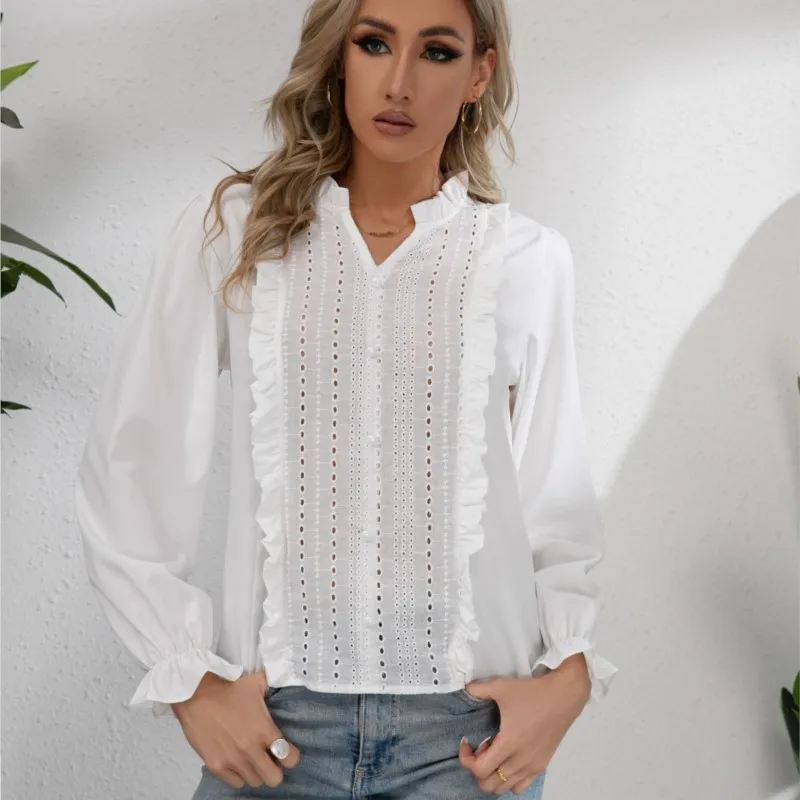 Summer New Women\'s V-neck Lace Patchwork Hollowed Out Blouse 2024 Ladies Single Breasted Ruffle White Solid Shirt Femme Blusas