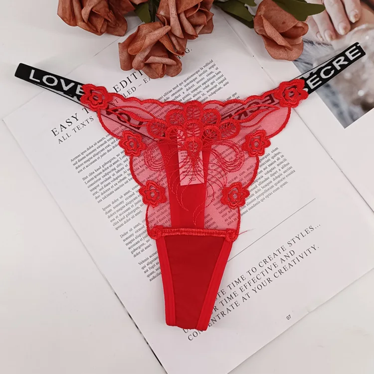 Women's Sexy Lace Thong Letter Low Waist G-string Female Transparent Hollow Out Underwear Floral Embroidery Cotton Crotch Panty