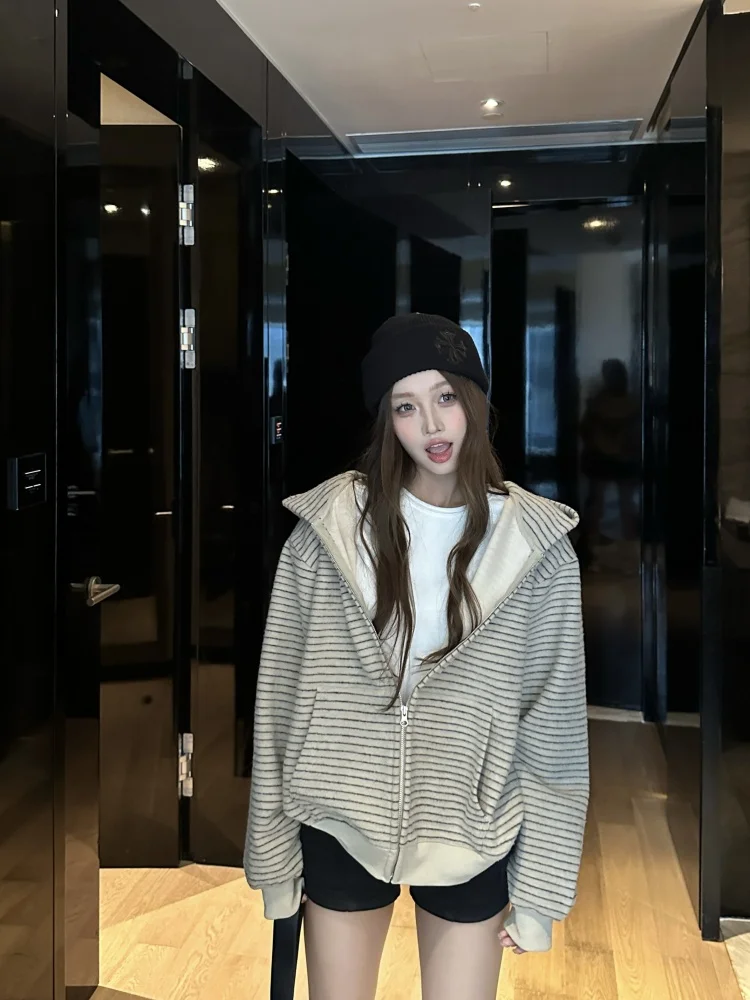 American Style Striped Zipper Hoodie Women's Spring Autumn Loose Trendy Brand Coat Casual Daily Wear Student Friendly
