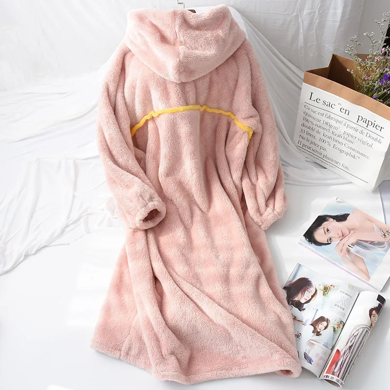 Long Sleeves Thick Warm Flannel Pajama Sets Winter Women's Nightgowns Long Robes Kimono Bathrobe Coral Fleece Loose Home Wear