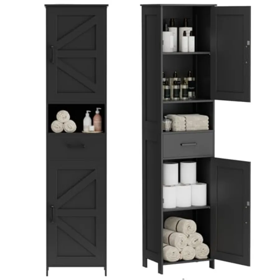 

67" H Tall Bathroom Storage Cabinet with 2 Barn Doors and 1 Drawer Narrow Storage Unit Adjustable Shelves Floor Cabinet for Bat