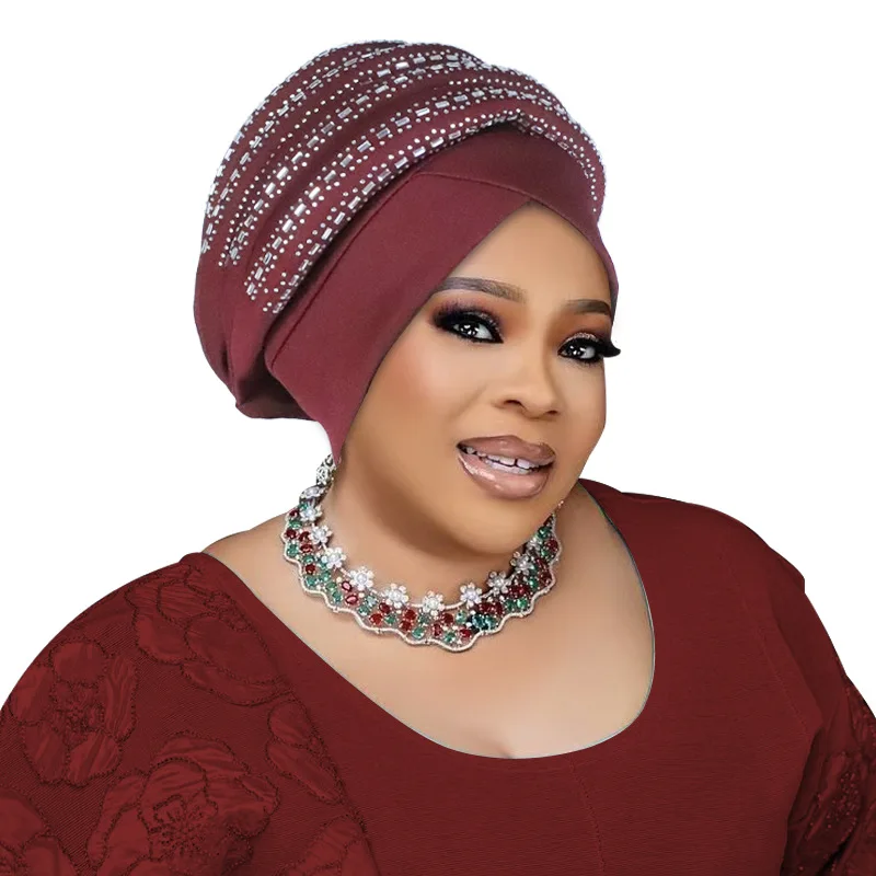 

Luxury Diamonds Turban Cap African Women Head Wrap Bonnet Auto Gele Headtie Muslim Hijab Bonnet Hat Nigeria Turbante Headwear