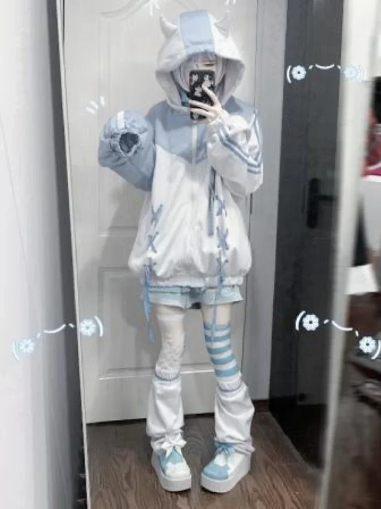 Y2k Aesthetics Grunge Hoodies Women 00s Harajuku Kawaii Pullover Fairycore Bandage Sweatshirt E-girl Goth Streetwear Moletom Top
