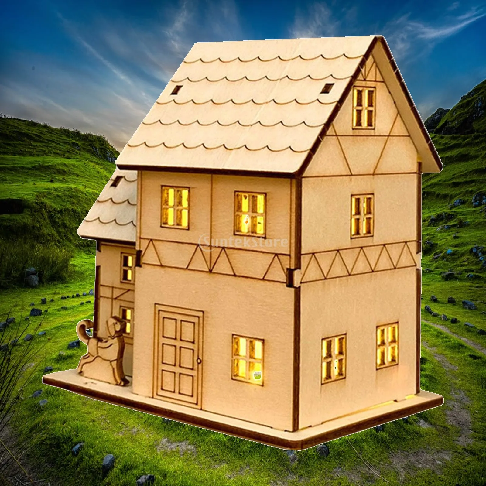 Light Up Village House Unfinished Wood Christmas Scene Battery Operated LED Decor for Indoor Tabletop Holiday Party