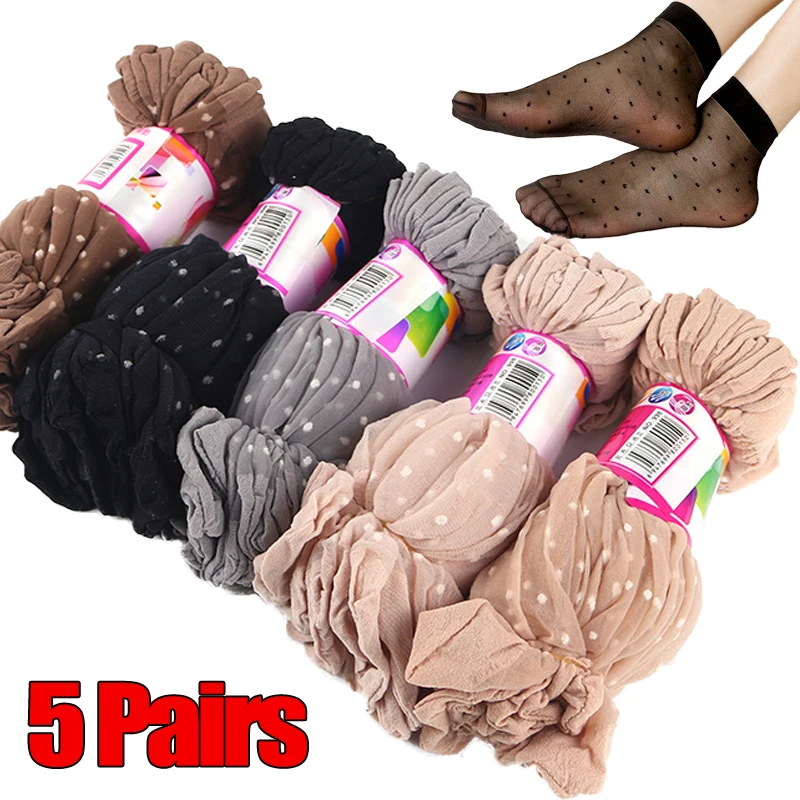 5Pairs Crystal Silk Women Socks Dot Pattern Black Skin Color Silky Short Socks Girls Invisible Socks Woman Cute Sexy Ankle Socks