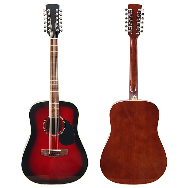 12 String Acoustic Guitar 41 Inch Full Size Design High Glossy Folk Guitar Spruce Wood Top Black Red Natural Color