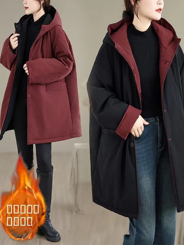 

Женское хлопковое пальто большого размера, двустороннее пальто средней длины с капюшоном контрастного цвета и зажимом на пуговицах, повседневное зимнее пальто
