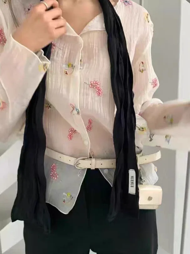 

Embroidered Floral Loose Fit Slimming Sun Protection Women's Shirt Korean Style Long Sleeve round Neck Button up