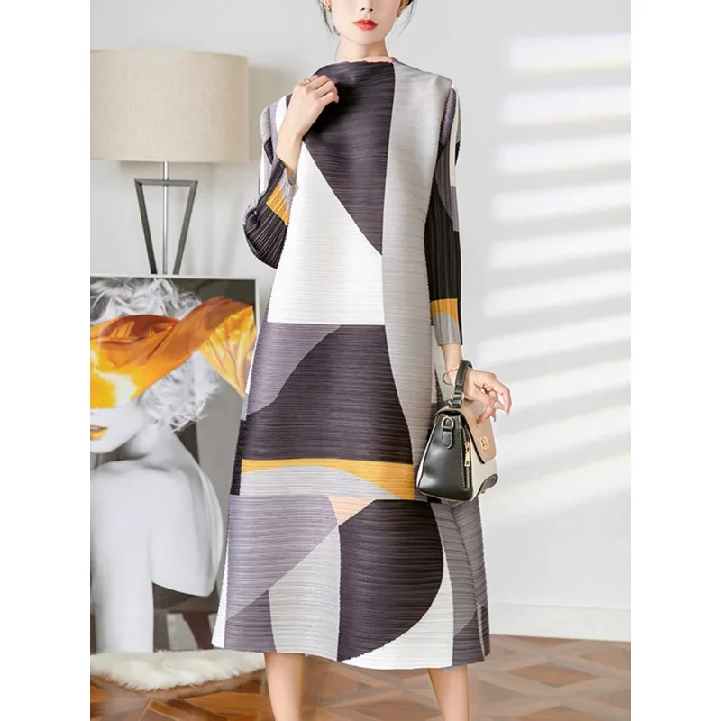 YUDX Miyake Pleated Print Dress For Women Medium Long Stand Collar Niche Design Loose Pullover A Line Female Spring New 2024