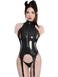 Sleeveless Wet Look PVC Catsuit Shiny PU Leather Crotchless Open Crotch Bodysuit Tights Hot Sexy Body Garter Belt Thong Clubwear