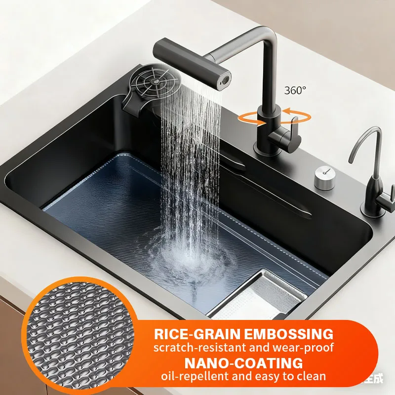 Multi-functional Kitchen Stainless Steel Sink with Slag Collection Net and Cup Washer Large Single-Slot Double-Track Design