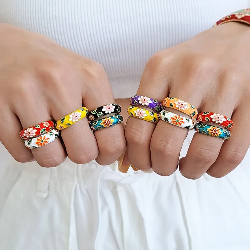 خمر الملونة المينا زهرة خواتم العصرية هندسية الإناث الحد الأدنى زهرة للسيدات حفل زفاف خطوبة مجوهرات هدية