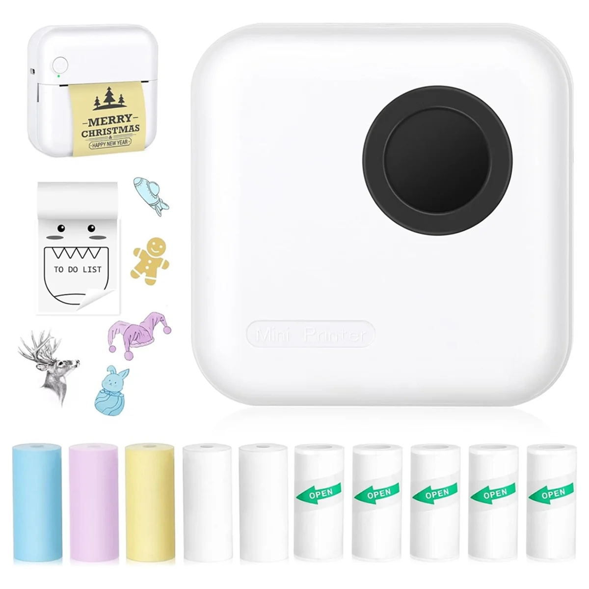 

N27R Мини-принтер для наклеек Термопринтер Bluetooth с 10-рулонной бумагой и наклейками для изображений, чеков, заметок, черный