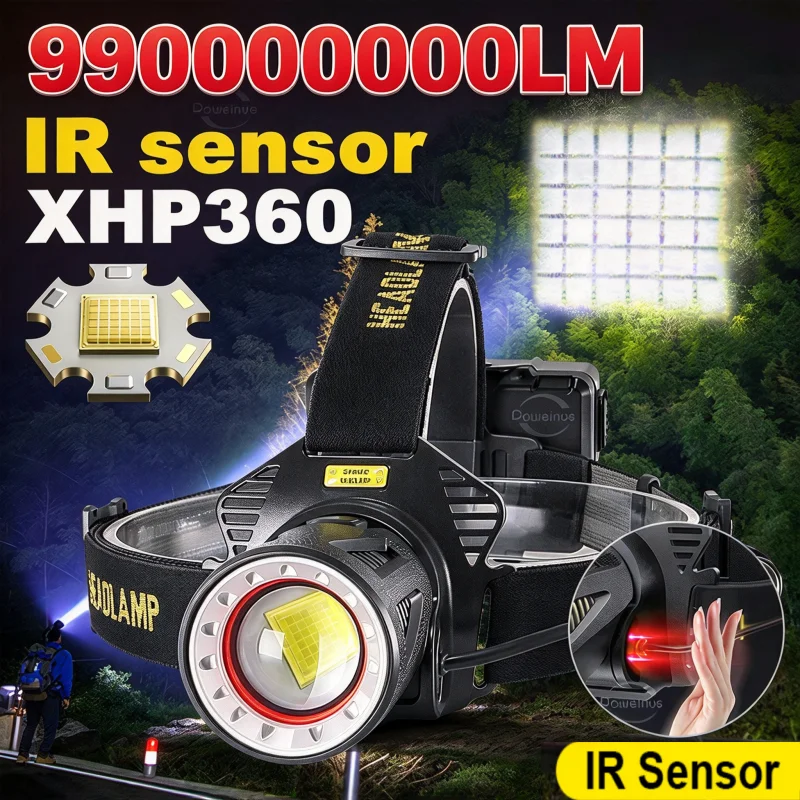 XHP360 IR Sensor LED Headlight High Power LED Flashlight USB Rechargeable Headlamp Long Range 5500M Fishing Hunting Head Lantern
