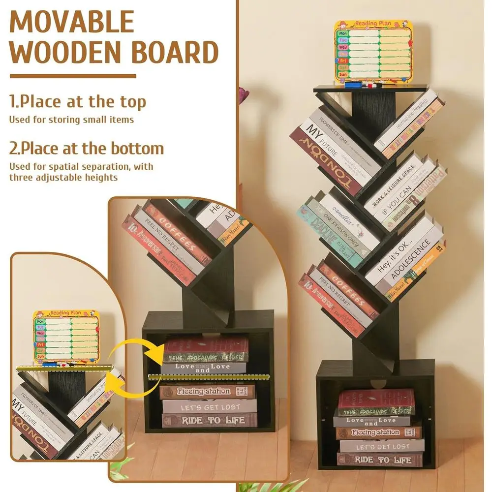 7 Tier Tree Book shelf, Small Bookcase with Reading Planner and Activity Panel, Modern Floor Standing Corner Tall Narrow Storage