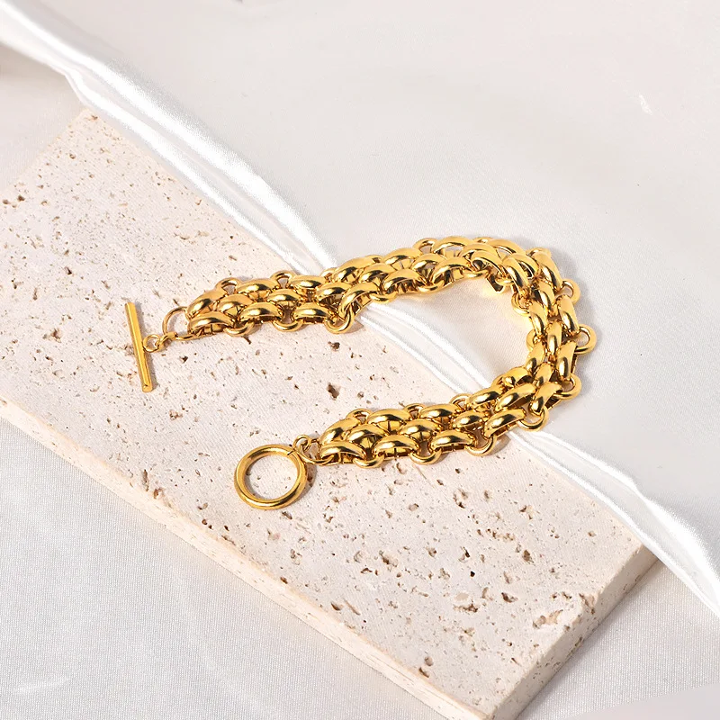 Cold Style Exaggerated Trendy Cool Elegant Jewelry Set Ring Buckle Design Thick Chain Personalized Necklace Versatile Gold-Plated Bracelet