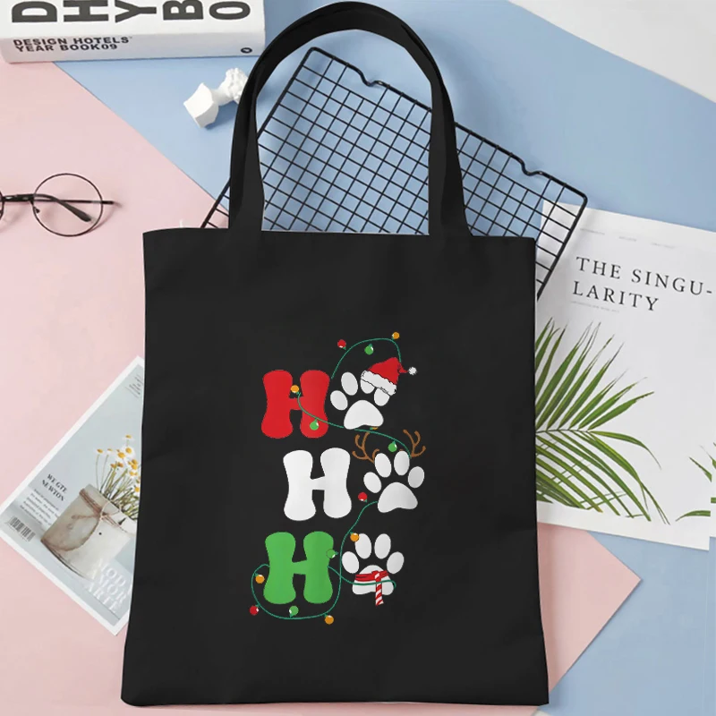 Ho Ho Ho Paw Prints Wome's Canvas Tote Bags Funny Merry Christmas Dog Lady Handbag Large Capacity Shopping Casual Shoulder Bag