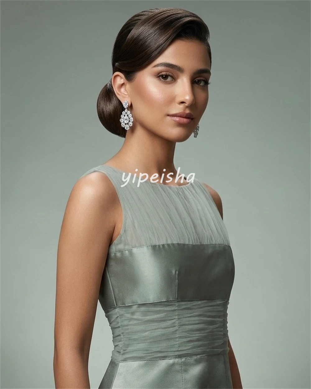 

Customized Fashion Women Tulle Ruched Pleat A-Line Evening Dresses Modern Style Sexy O-Neck Sleeveless Floor Lenght Prom Dresses
