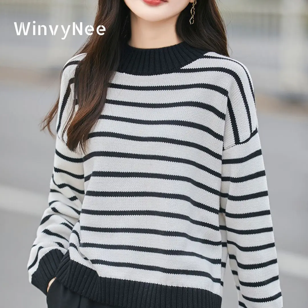 

WinvyNee, хлопковый пуловер с длинными рукавами и круглым вырезом, многоуровневая полосатая повседневная теплая верхняя одежда, трикотаж, осенне-зимняя женская одежда A1572011
