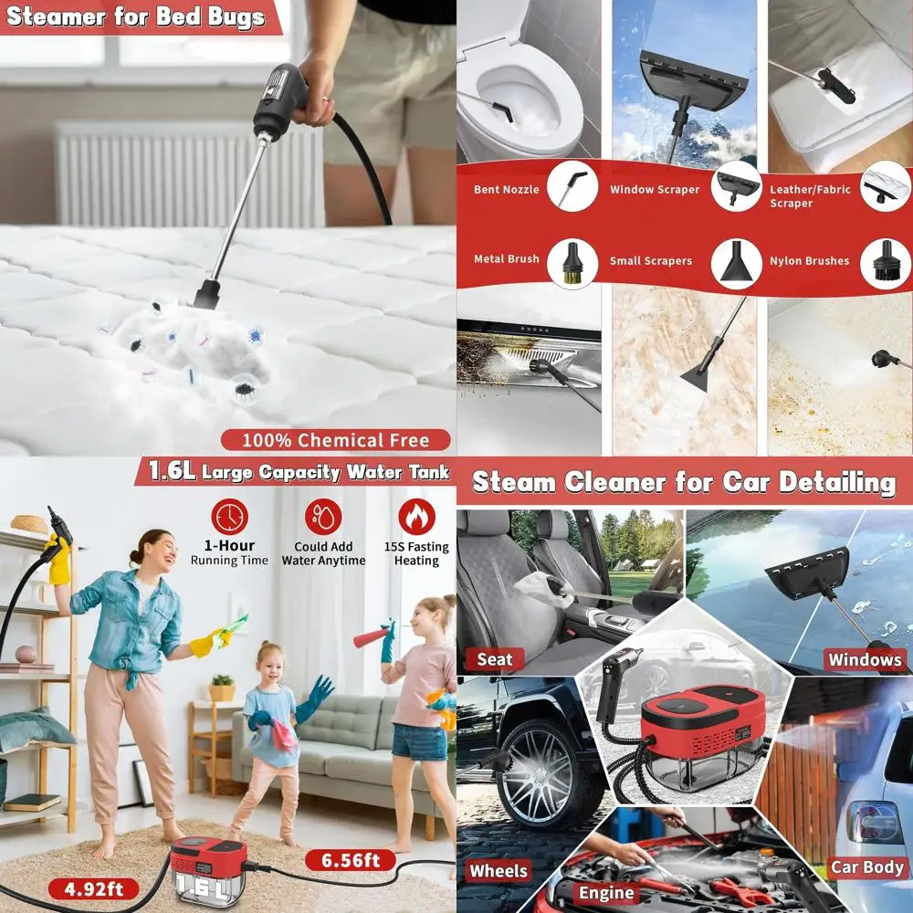 

Портативный пароочиститель высокой температуры мощностью 2500 Вт с баком 1,6 л для дома, автомобиля и мебели - красный