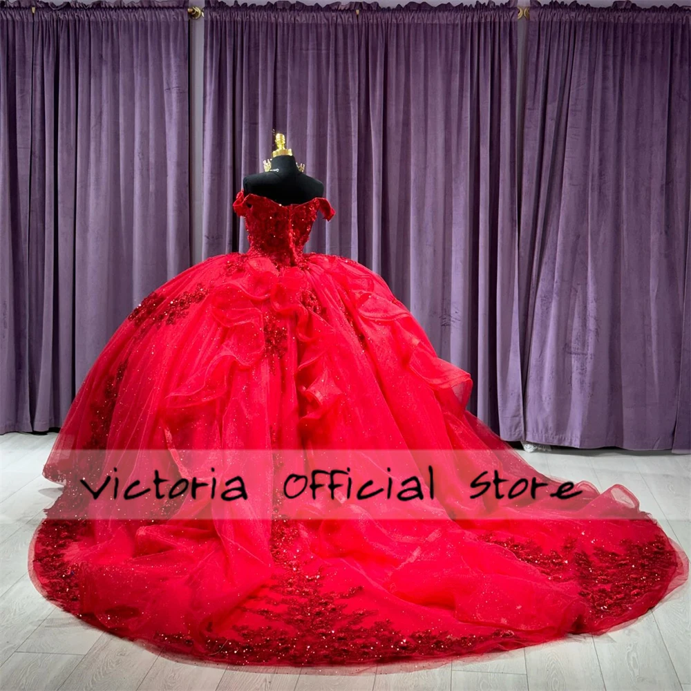 Vestidos de Quinceañera de encaje rojo brillante impecable, vestido de baile sin hombros, dulce vestido de dieciséis, vestidos de novia