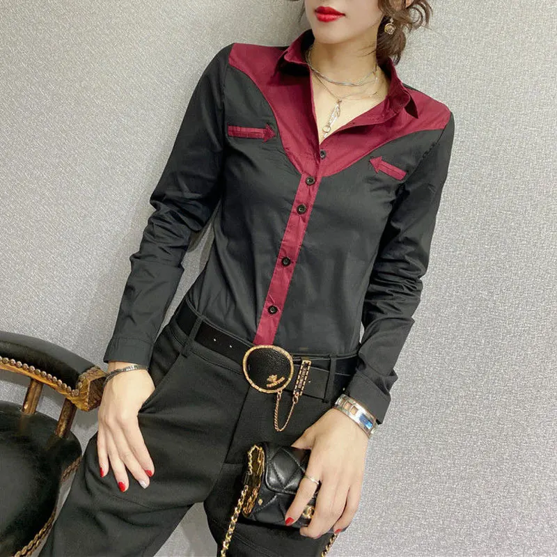 Fashion Slim Solid Color Spliced Shirt Commute Turn-down Collar Women\'s Clothing Single-breasted Spring Autumn All-match Blouse