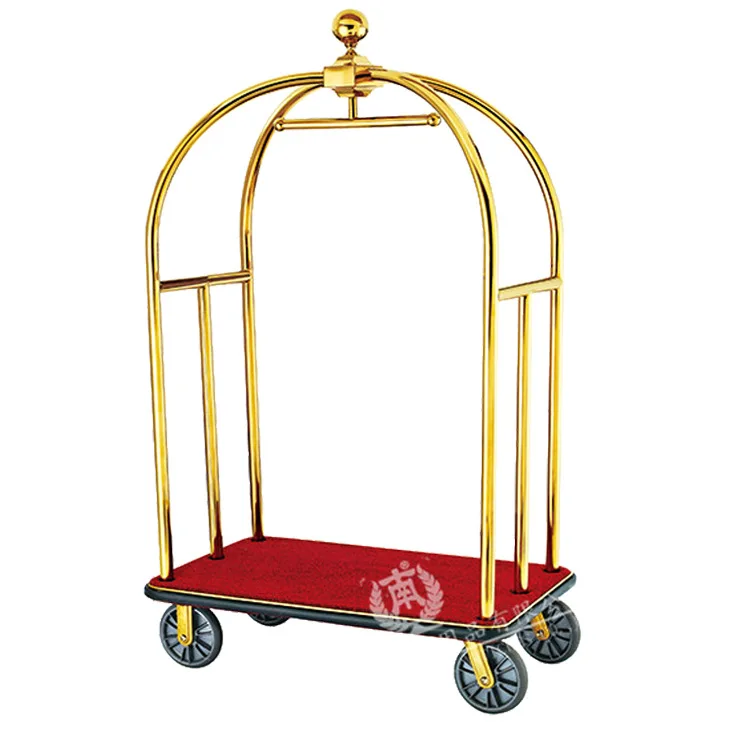 Custom Luxury Style Stainless Steel Gold 5 Star Hotel Luggage Cart Bellman Cart Trolley