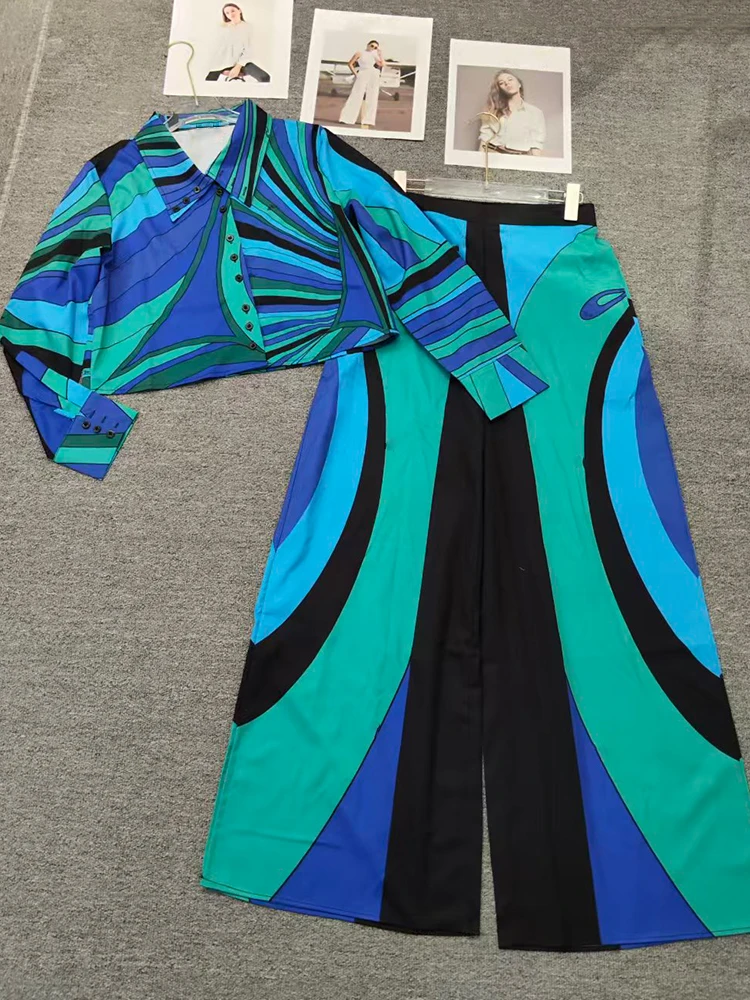 2026 Summer Women's Clothing Retro Geometric Print Lapel Straight Shirt Two-piece Set + Loose Wide-Leg Skirts Fashion Suit