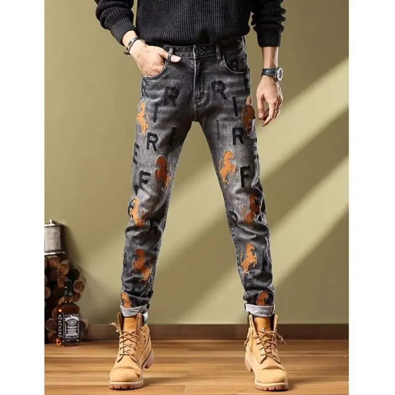 Slim Fit Denim Hip Hop Trousers Stretch Mens Jeans Letters Printing Jeans Men Casual Slim Fit Trousers Denim Printed Jeans Pants