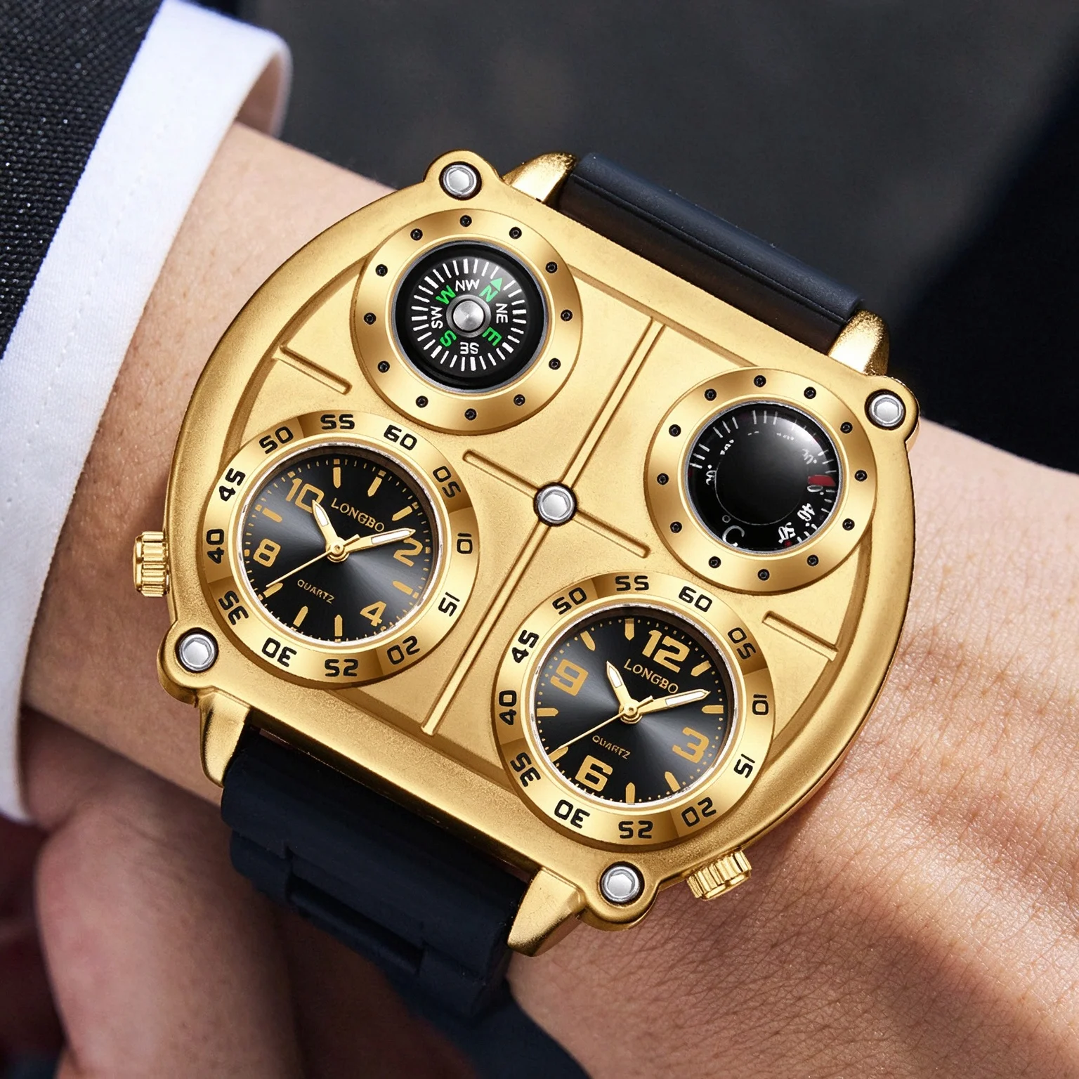 Unique Dual Dial Tactical Watch, Golden Large Quartz Wrist Watch with Compass & Thermometer, Rubber Strap Outdoor Sport Watch
