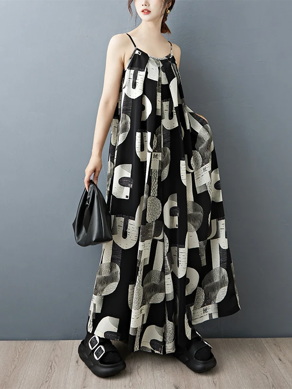

Adjustable Strap Wide Leg Pants Skirt Casual Summer Women's Loose Fashionable Printed Chiffon One-Piece Shoulder Strap