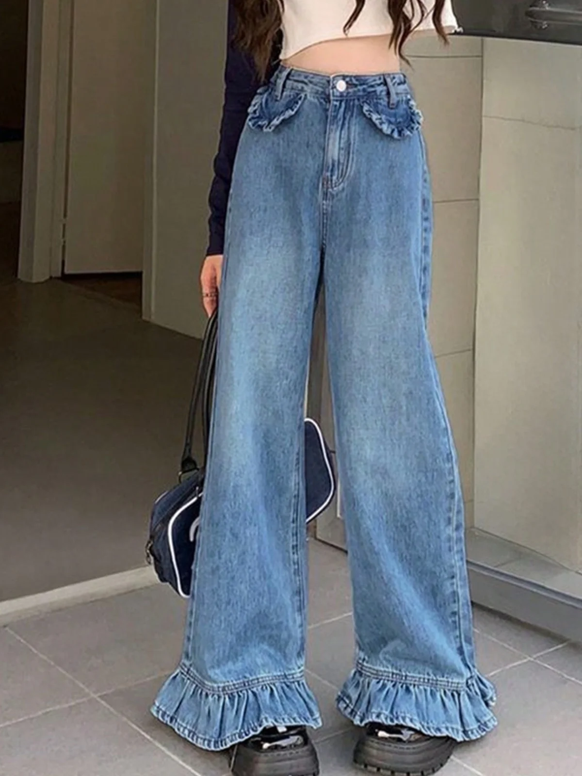 

Chic High Waist Wide Leg Jeans Spring Autumn Loose Micro Flared Women's Hemmed Long Pants Korean Style Floor-Length Trousers
