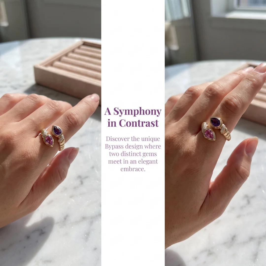 925 Sterling Silver Light‑Luxury Fashion Pink‑Purple Diamond Double‑Headed Teardrop‑Shaped Double‑Snake Ring for Women
