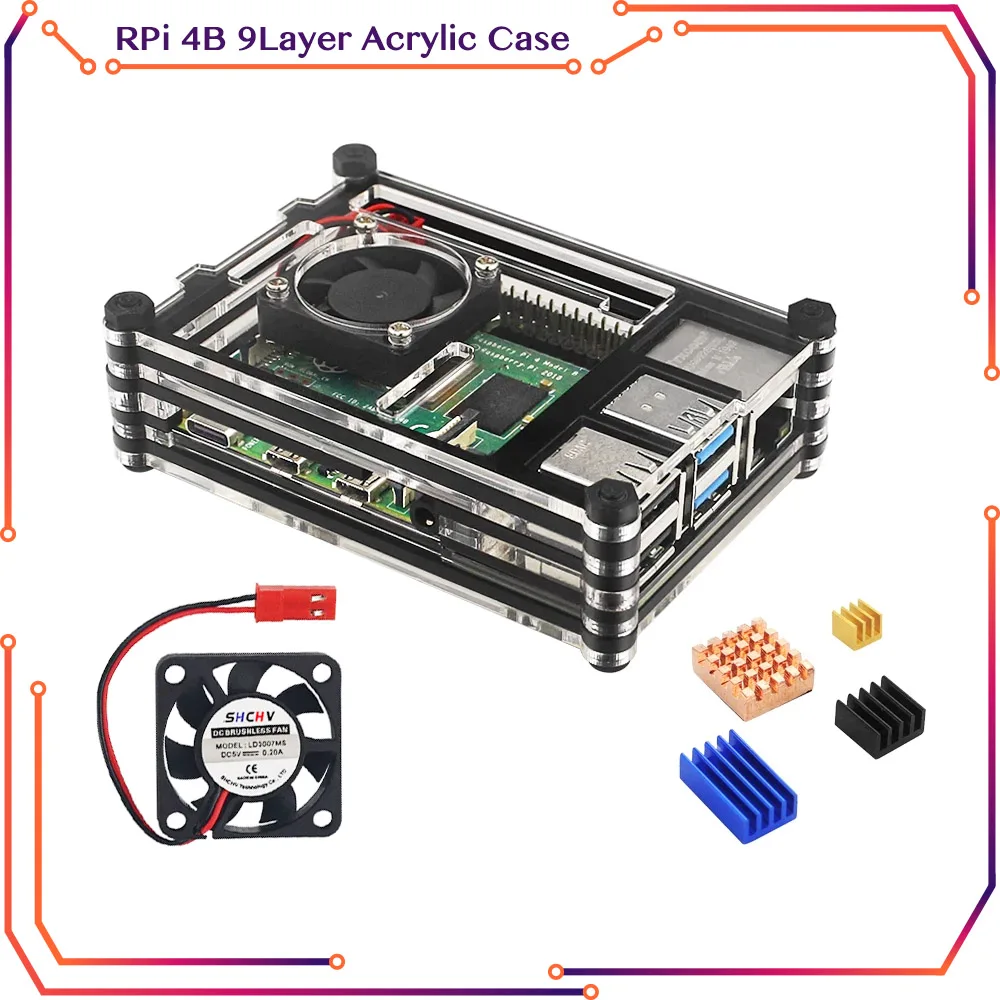 Raspberry Pi 4 Acrylic Case 9 Layer Protection Shell Optional Cooling Fan Heat Sink for Raspberry Pi 4 Model B Pi 4