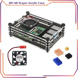 Carcasa de acrílico para Raspberry Pi 4, de 9 capas carcasa de protección, ventilador de refrigeración opcional, disipador de calor, modelo B Pi 4