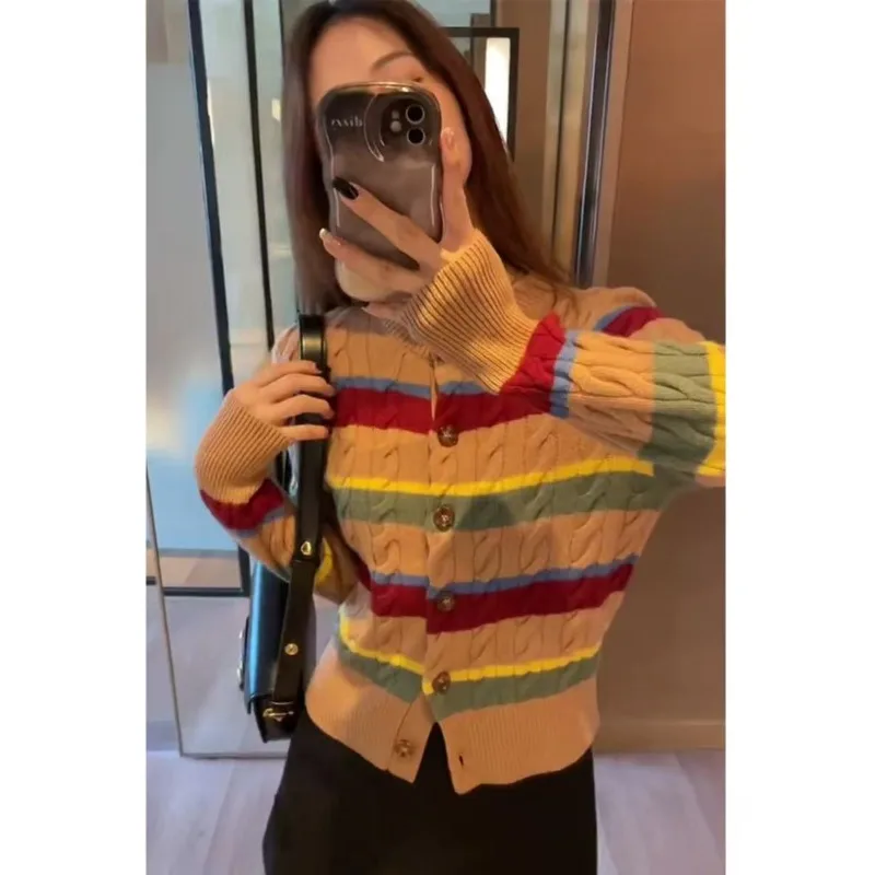 

Autumn Winter Vintage Striped Single Breasted Slim Sweaters Women's Clothing Fashion O-neck Soft Elastic Knitted Cardigan