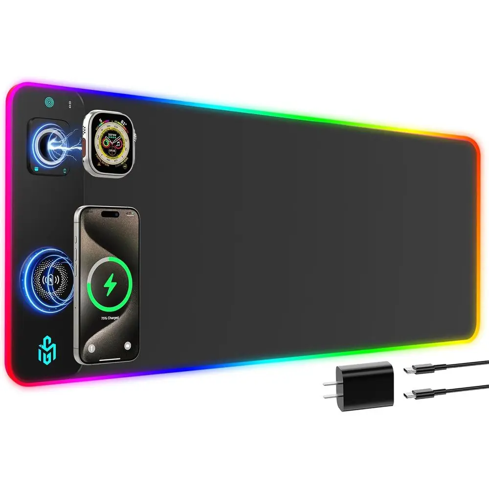 

RGB LED Gaming Mouse Pad with Phone & iWatch Charging, 800x300mm, 20W PD, 14 Lighting Modes, Anti-Slip Base